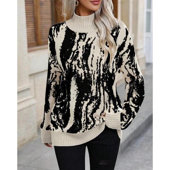 Chic Colorblock High Neck  Drop Shoulder Pullovers - Picture 5 of 6